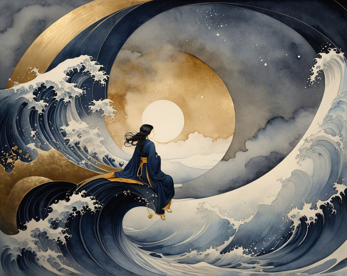 Serene Figure on Wave with Sunrise and Clouds