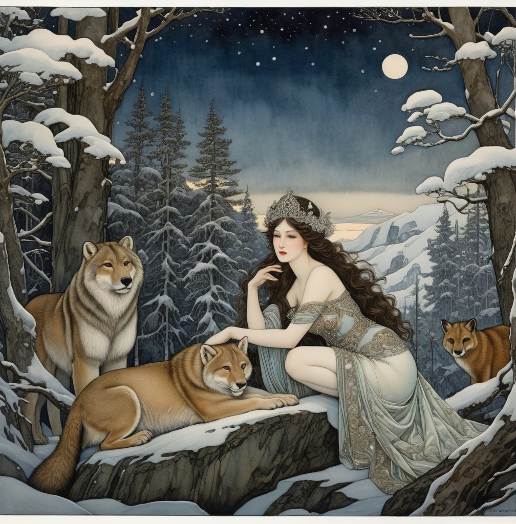 Mystical Winter Scene with Woman, Lion, and Wolves