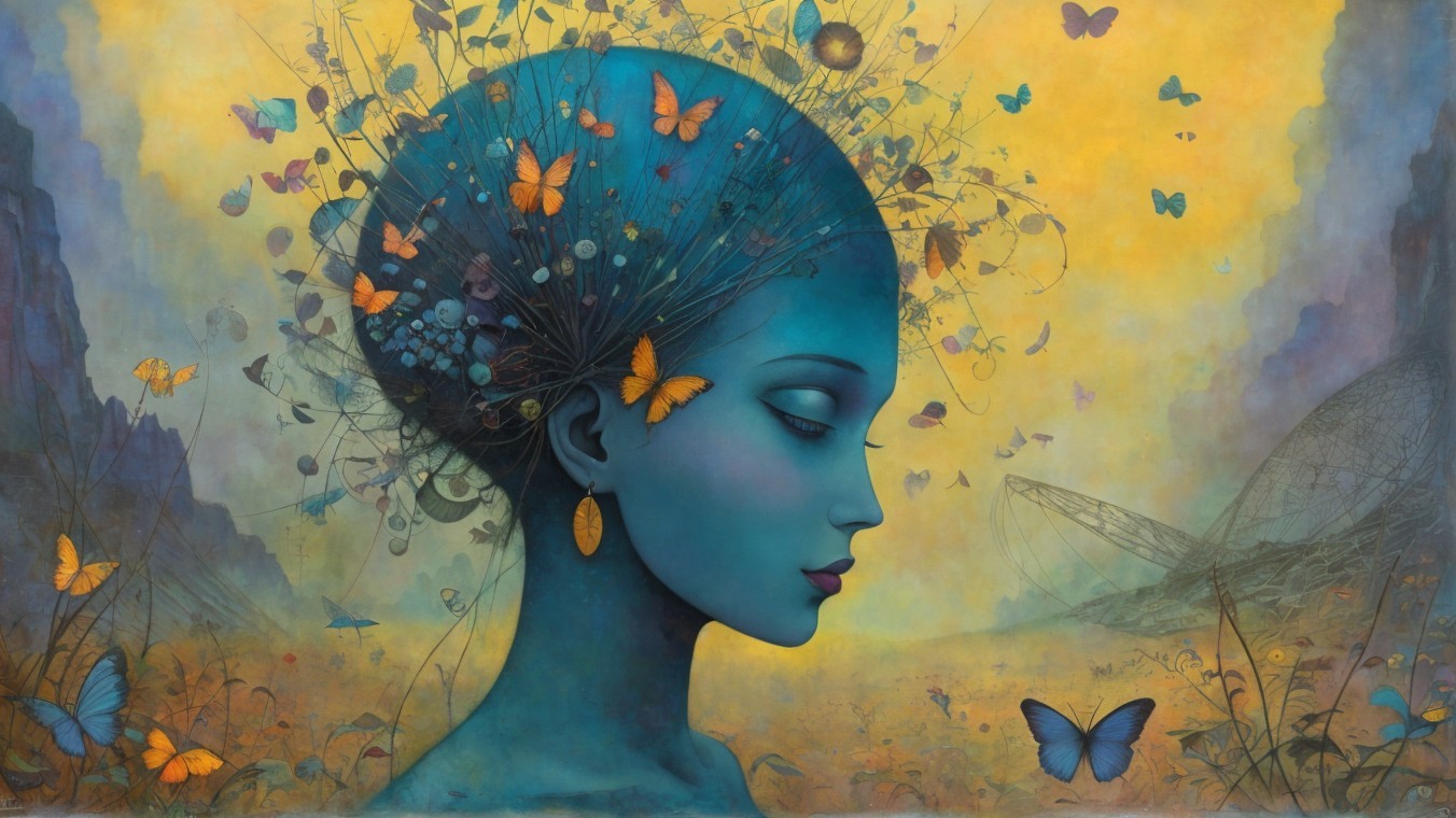 Blue-Skinned Woman's Profile in Whimsical Landscape