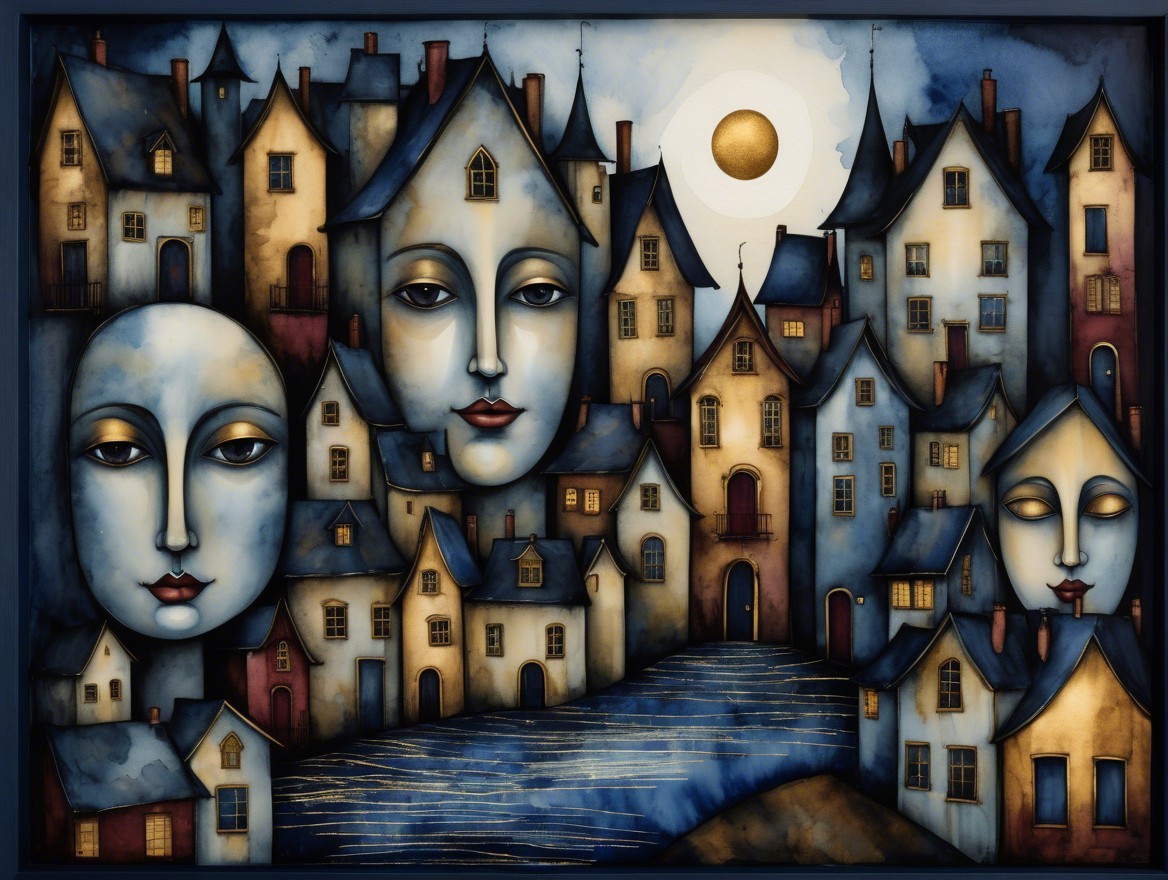Surreal Town with Whimsical Houses and Human Faces