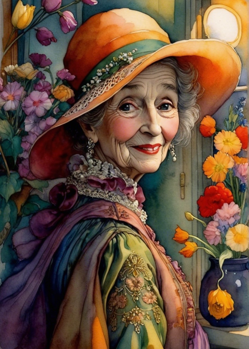 Elderly Woman in Floral Hat Surrounded by Flowers