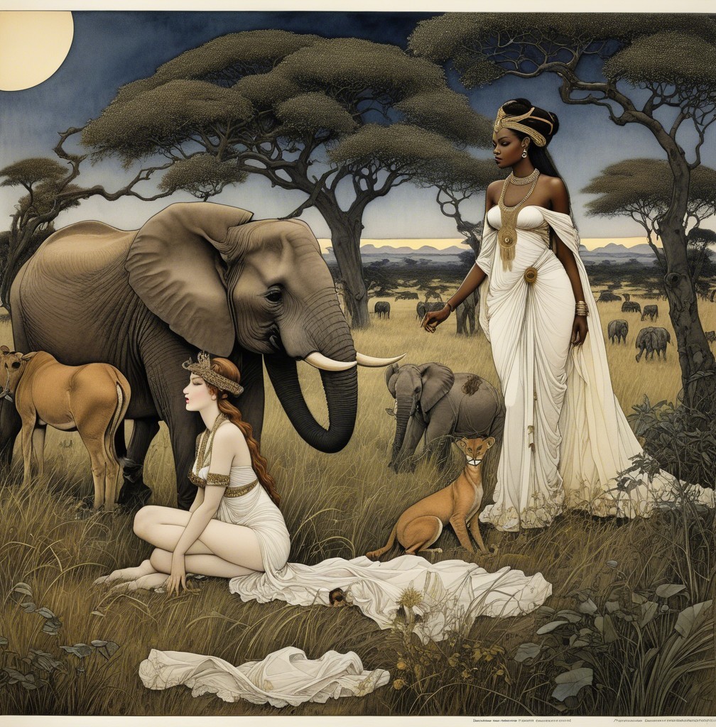 Elegant Women with Elephants and Lions in Savannah
