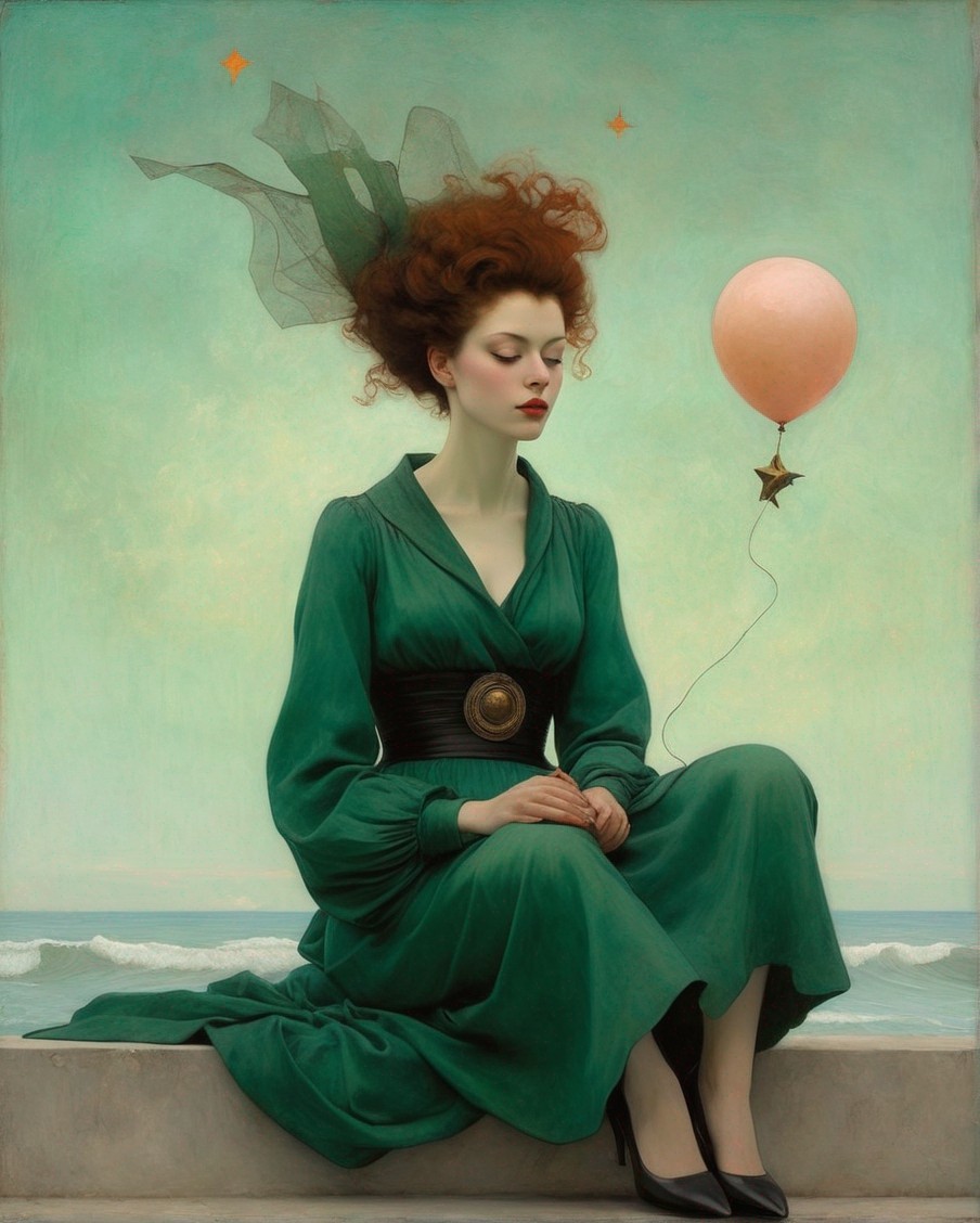 Red-haired woman by the sea in green dress with pink star balloon