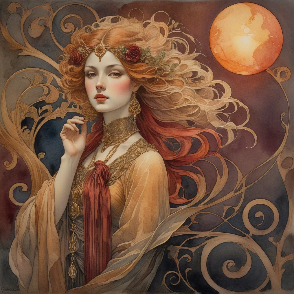 Fantastical Woman in Flowing Gown and Dreamy Setting