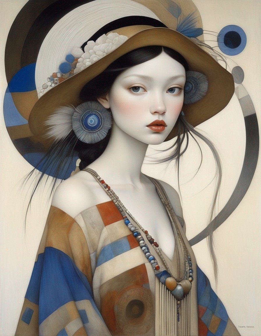 Stylized painting of young woman in embellished hat and geometric-patterned garment