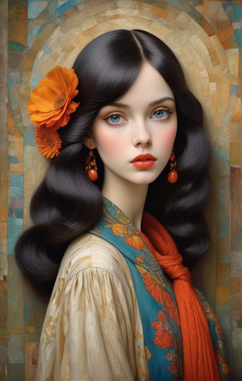 Young woman with black hair and turquoise scarf