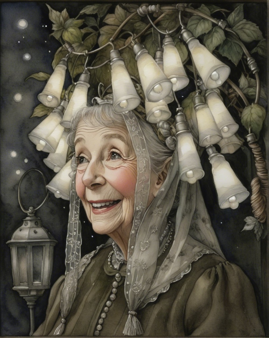 Joyful Elderly Woman in Whimsical Light Bulb Headdress