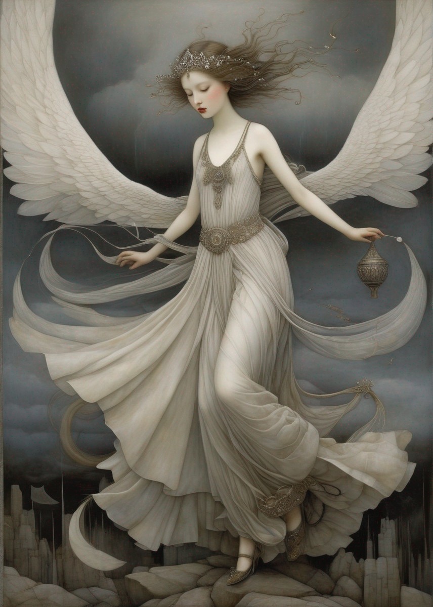 Majestic figure with white wings above dark cityscape