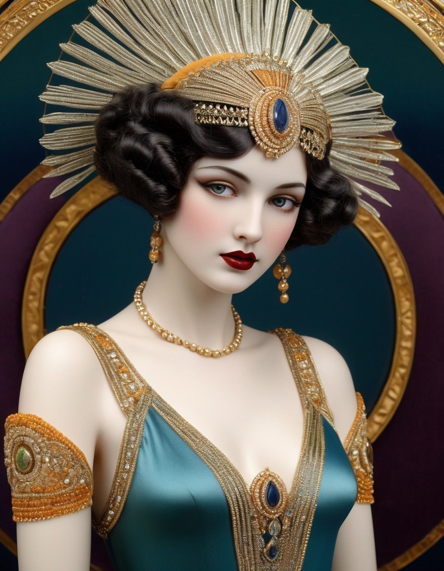 Vintage Porcelain Doll with Gold Headpiece and Turquoise Dress