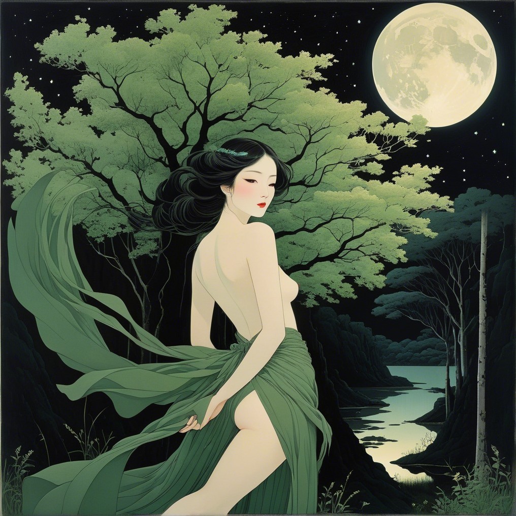 Serene Night Scene with Woman by Moonlit River
