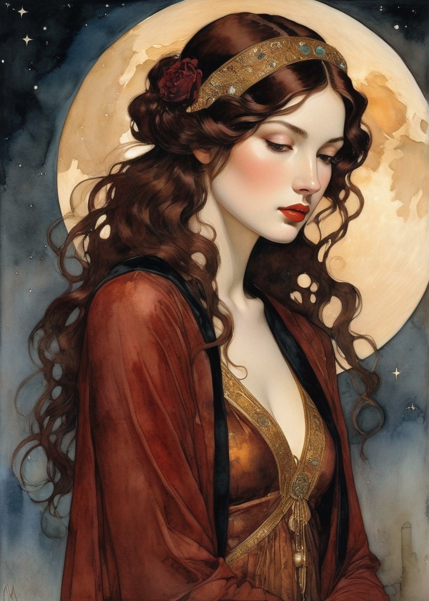 Woman in Red Dress with Brown Hair Against Full Moon Background