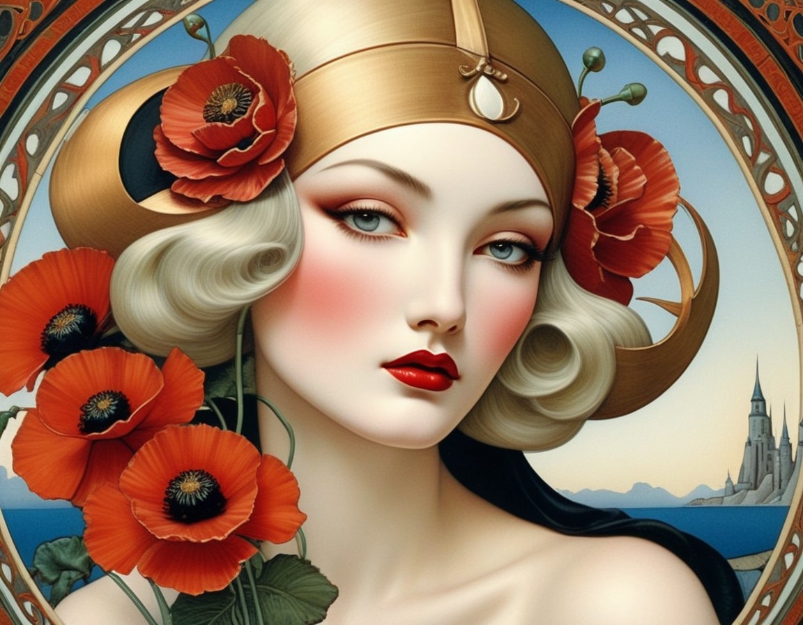 Illustration of a Woman in Golden Helmet and Castle