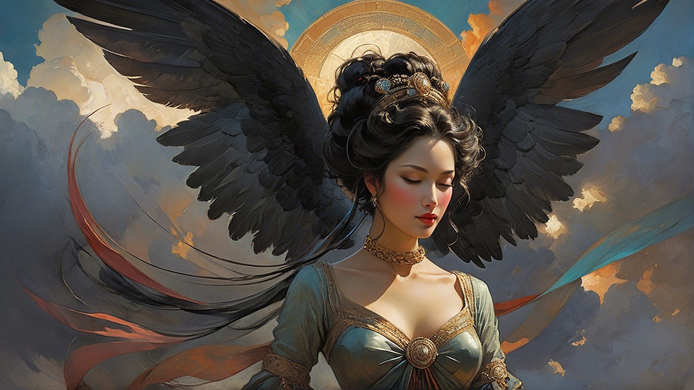 Serene figure in elegant gown with black wings and halo
