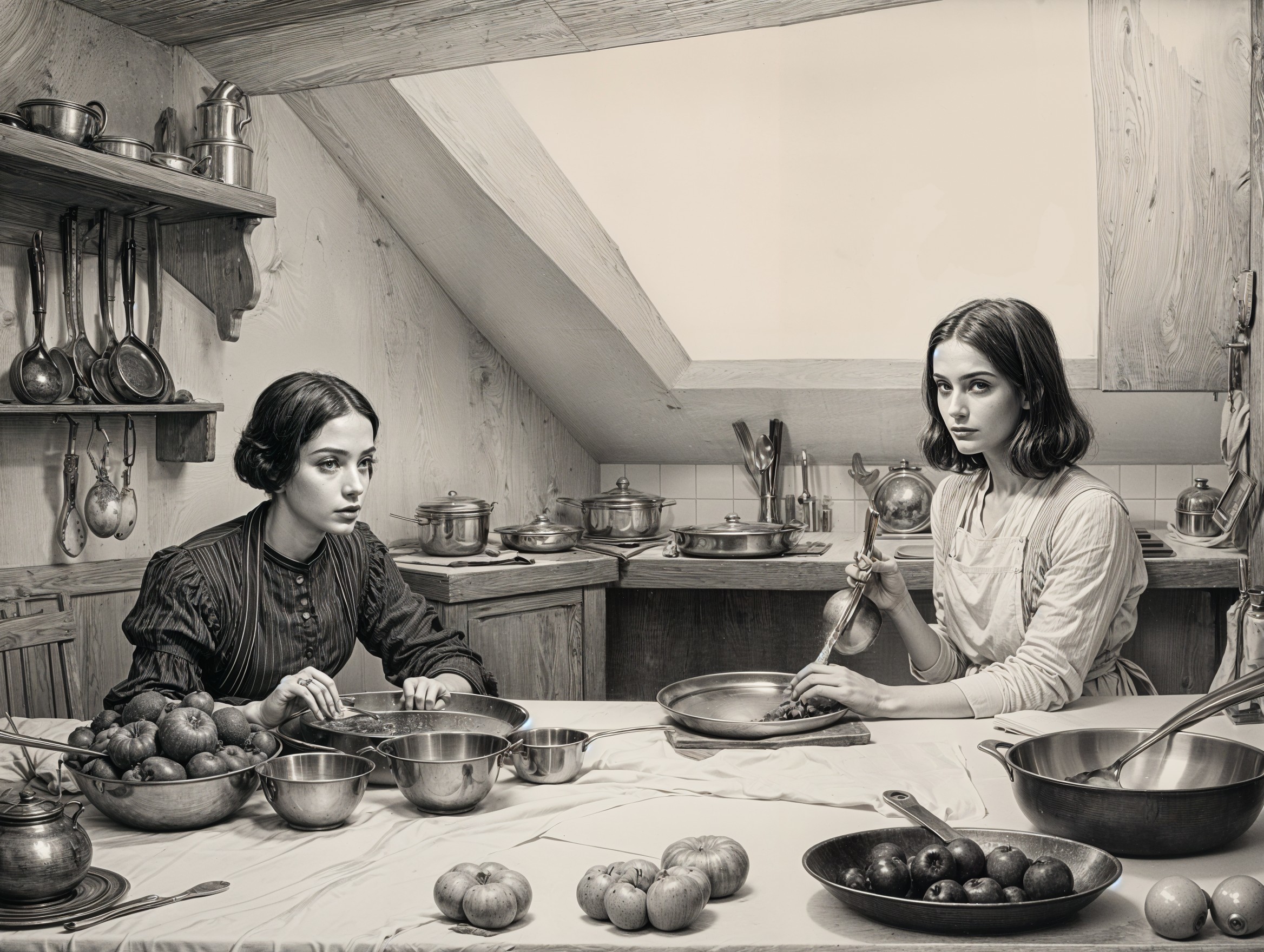 Vintage Kitchen Scene with Women and Fresh Produce