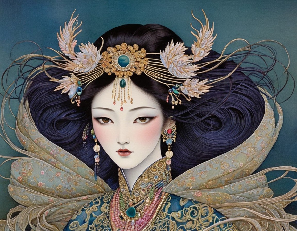 Illustration of Woman in Traditional Asian Headdress