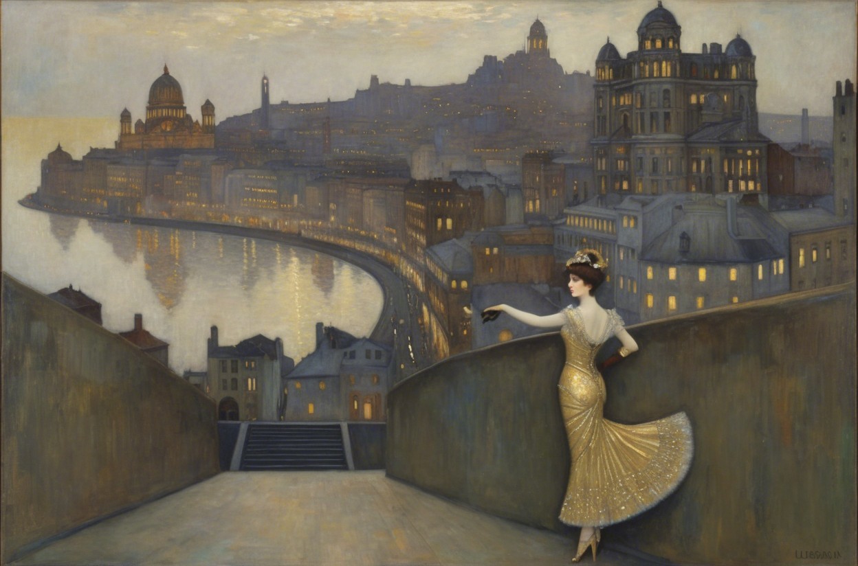 Graceful Woman in Gold Gown Overlooking Cityscape