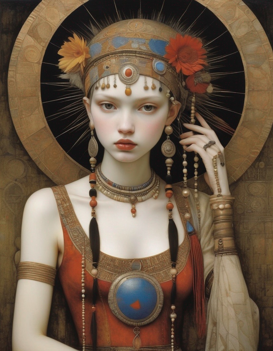 Pale-skinned woman with red lips in ornate headdress and tribal jewelry against warm backdrop