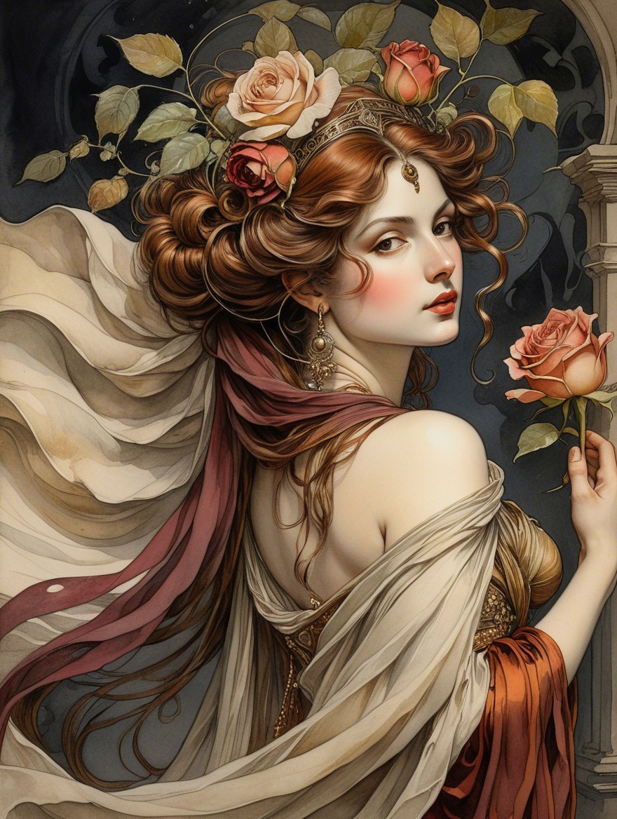 Elegant Woman in Gown with Roses and Dark Background