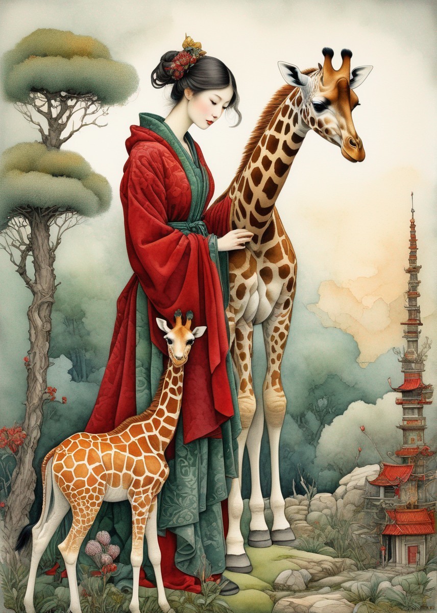 Stylized Illustration of Woman with Giraffes in Nature