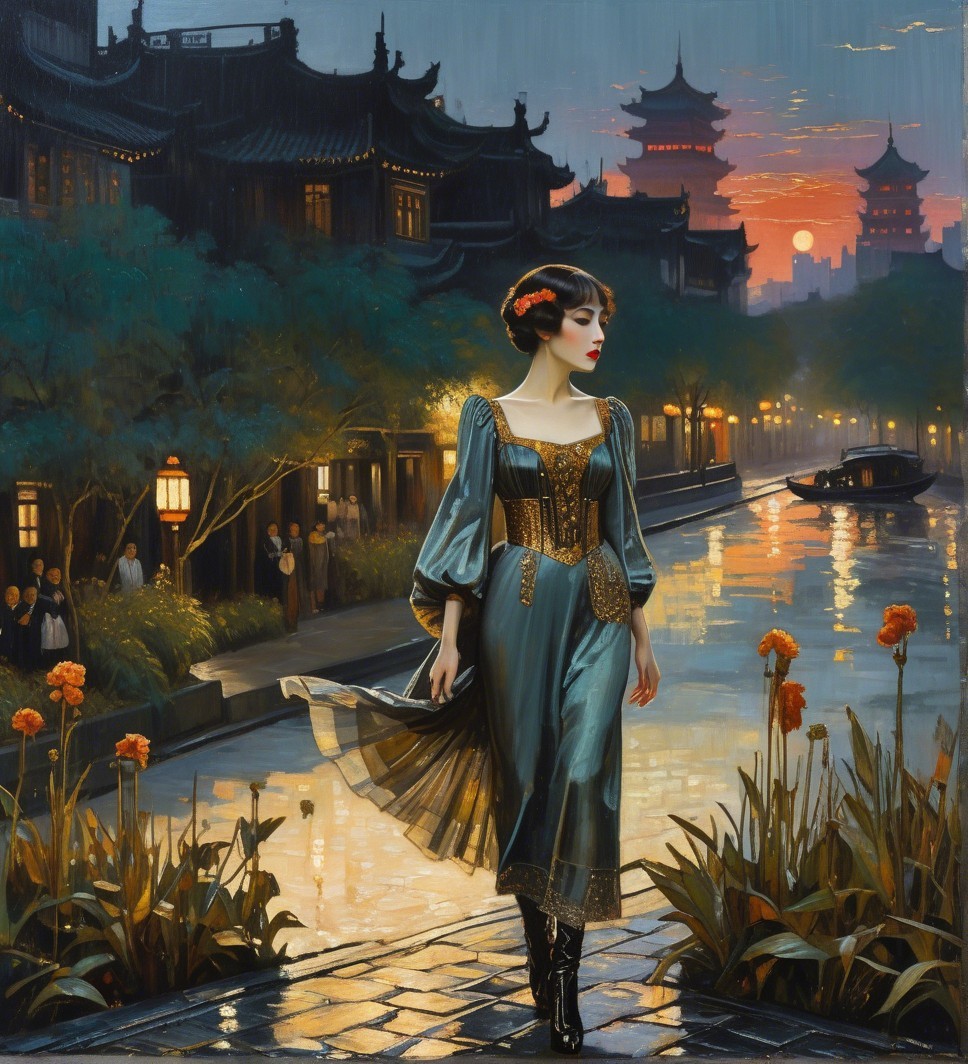 Stylish Woman Strolling by Tranquil Waterway at Sunset