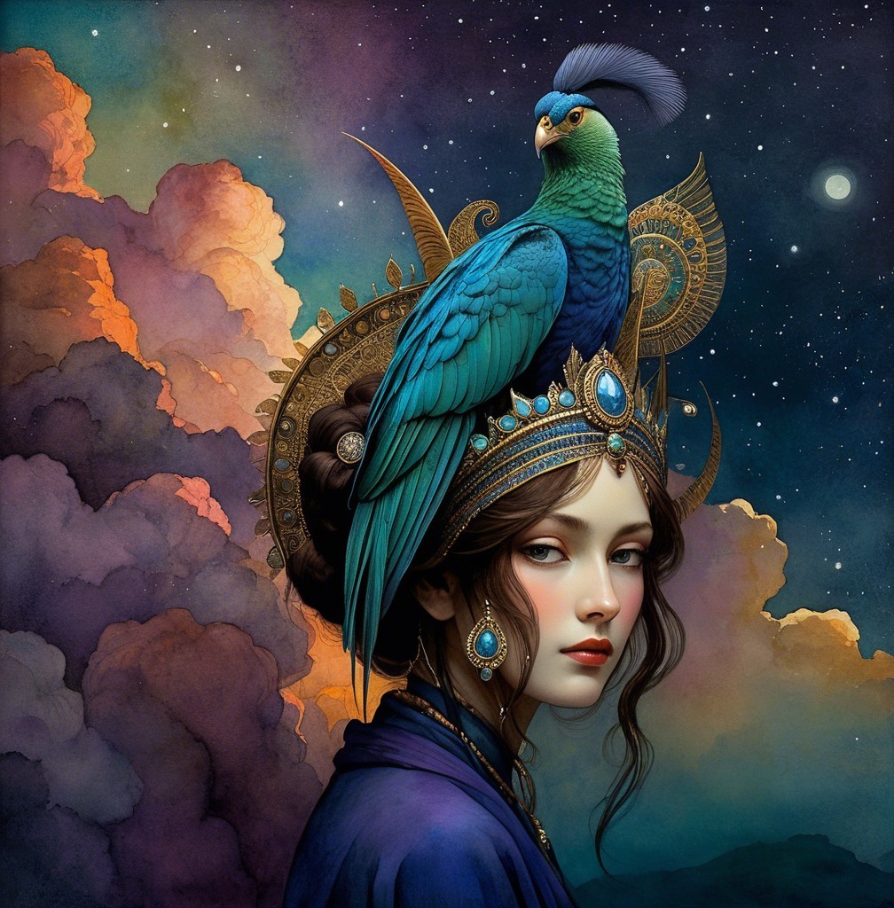 Stunning Woman with Jewelry and Majestic Peacock