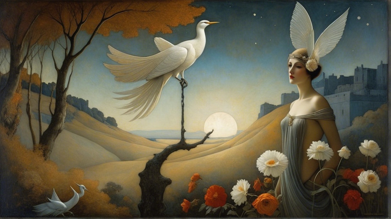 Serene landscape with a woman, flowers, and sunset
