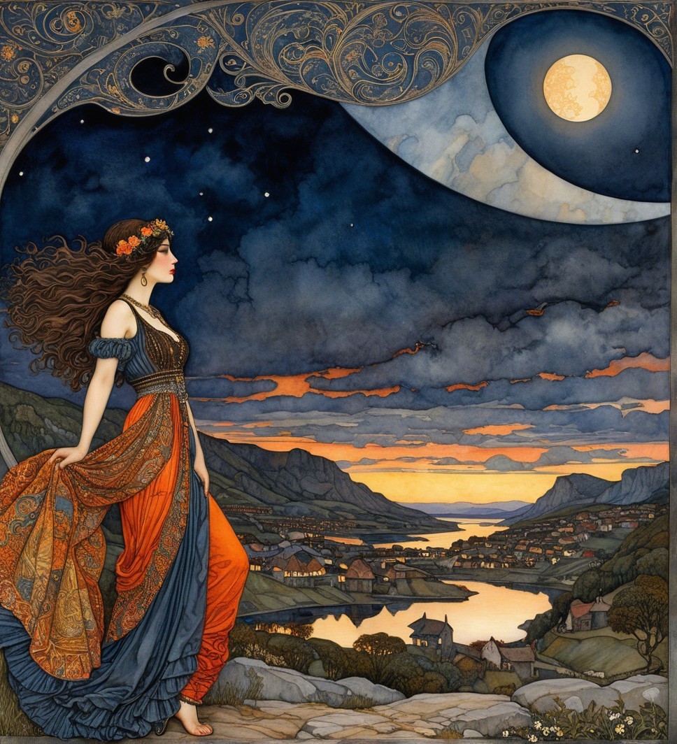 Woman in flowing garments on moonlit hillside landscape