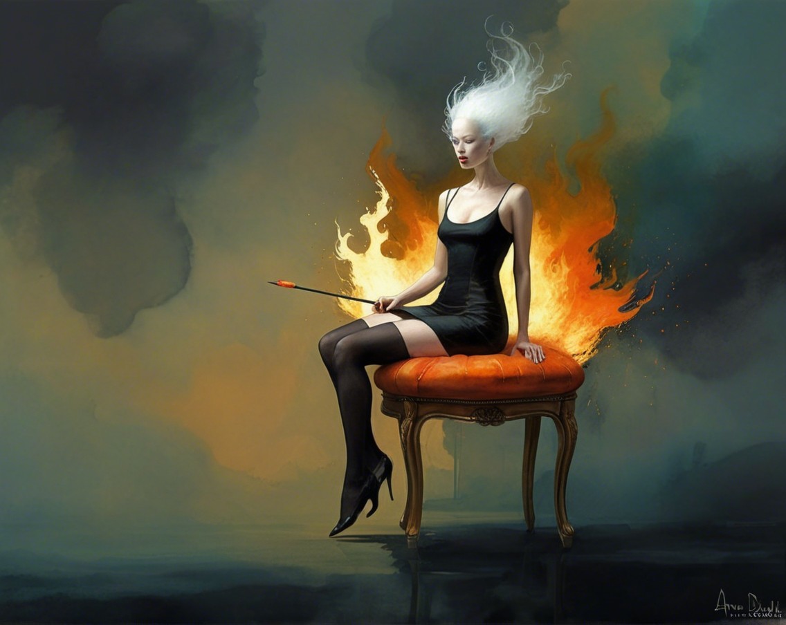 Mystical Figure on Ornate Stool with Glowing Arrow