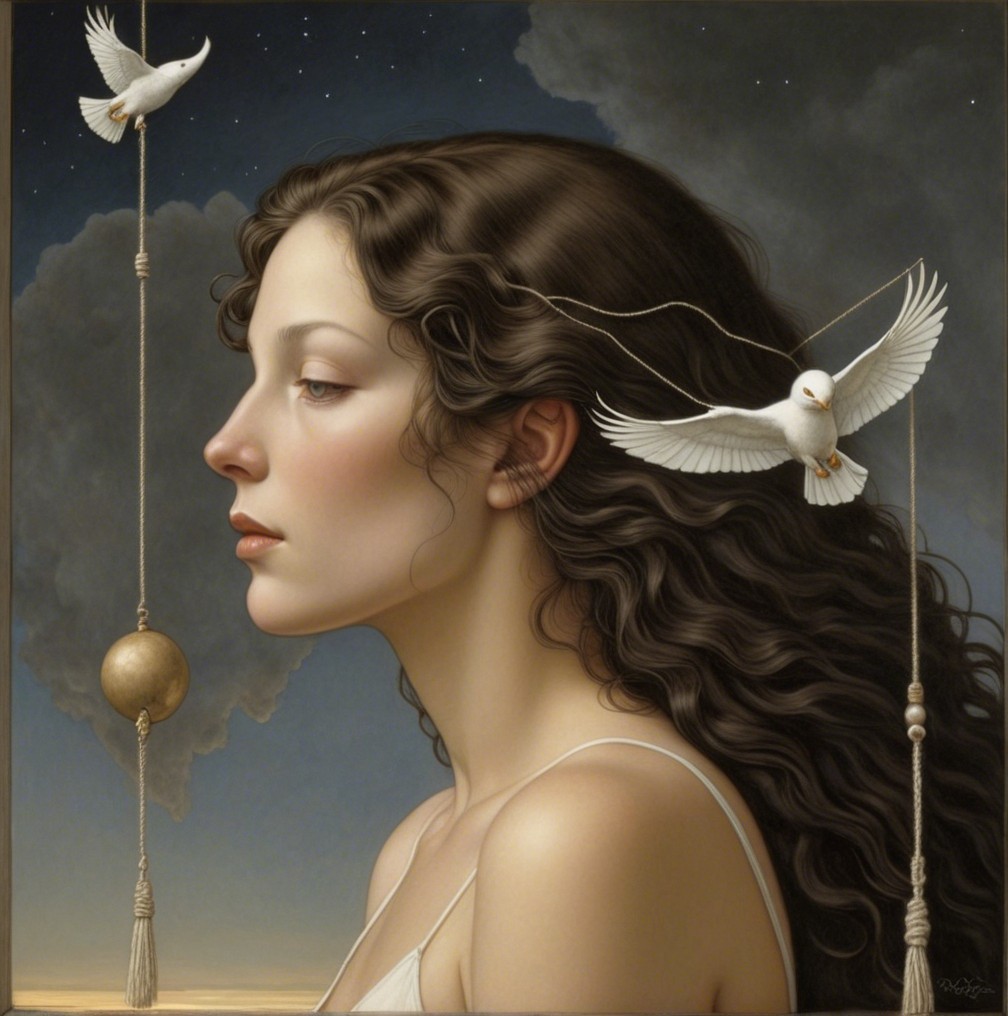 Serene portrait of a woman with doves and stars