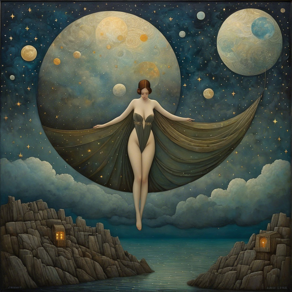 Dreamlike Scene with Moons and Starry Night Sky