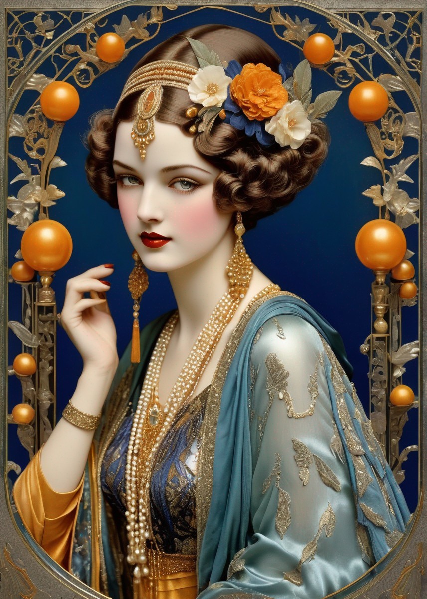 Stylized portrait of a woman in ornate attire