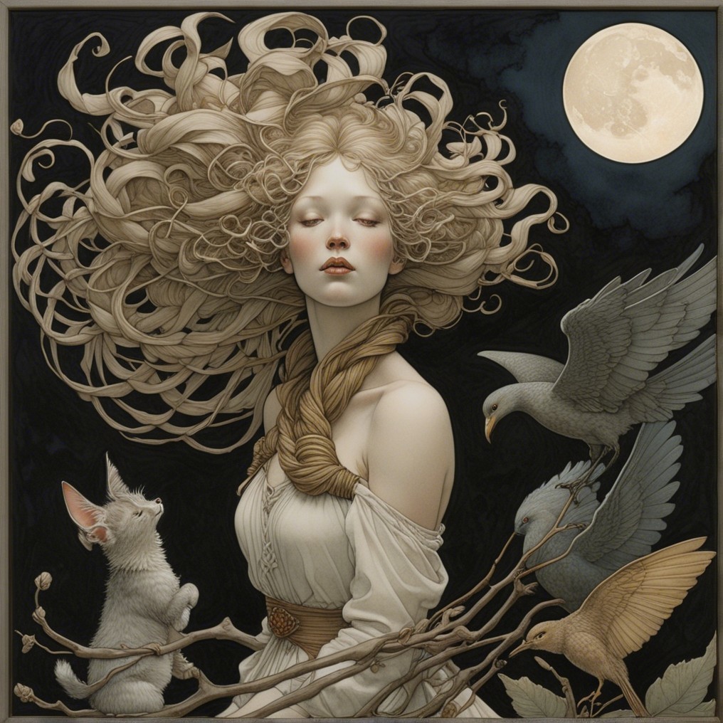 Serene Figure with Moon, Birds, and Cat in Darkness