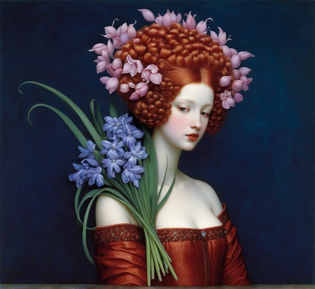 Portrait of Woman with Red Hair and Pink Flowers Holding Blue Bouquet