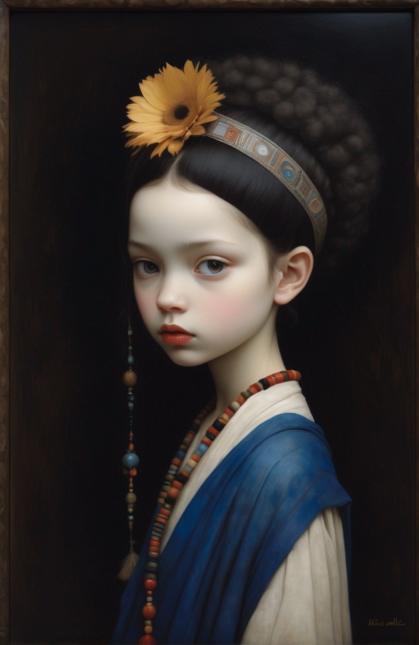 Portrait of a girl in blue garment with yellow flower and beads