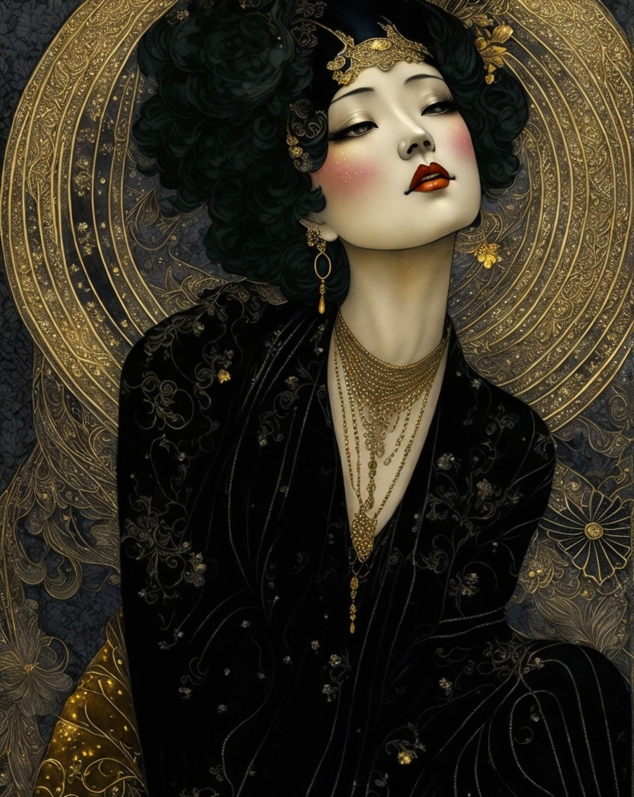 Elegant Woman in Black Robe with Gold Backdrop