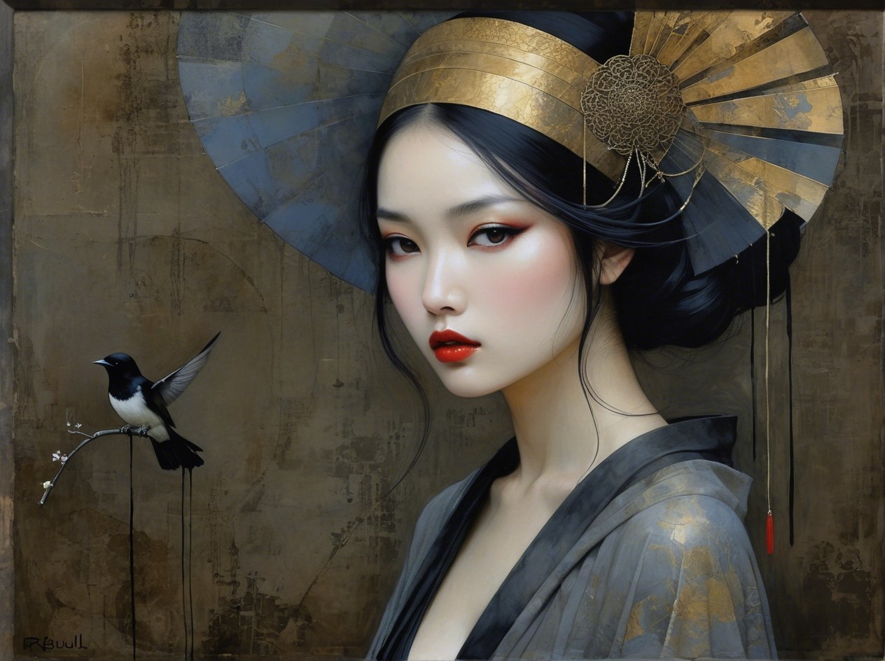 Japanese Femme Fatale Portrait with Art Nouveau Elements