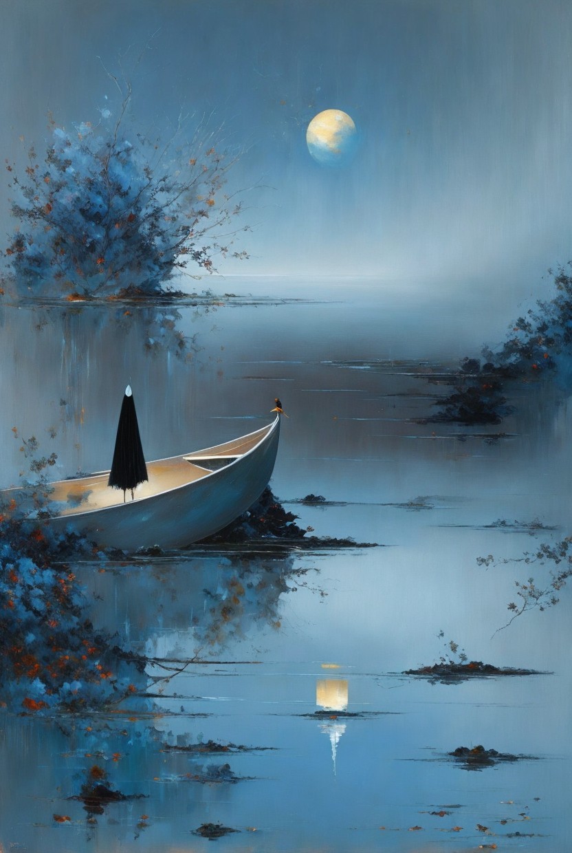 Serene Landscape with Moonlit Water and Autumn Trees