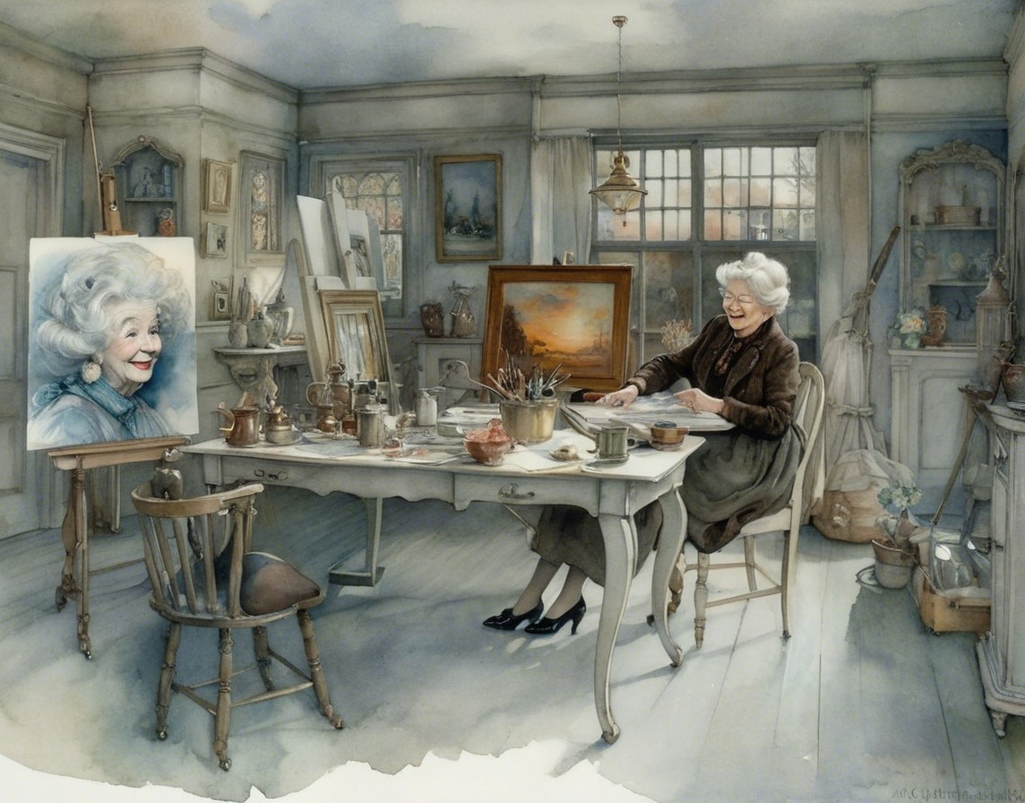 Elderly Woman Painting in a Sunlit Studio Setting