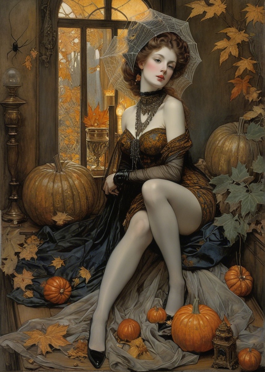 Glamorous Woman in Vintage Gown Amidst Autumn Decor