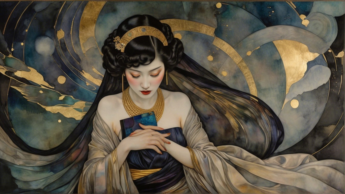 Serene woman in elegant attire with colorful book