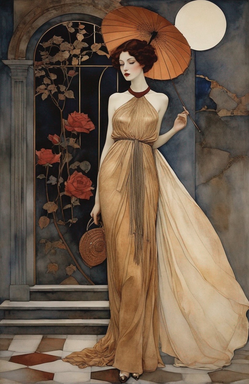 Elegant Woman in Golden Dress with Parasol Illustration