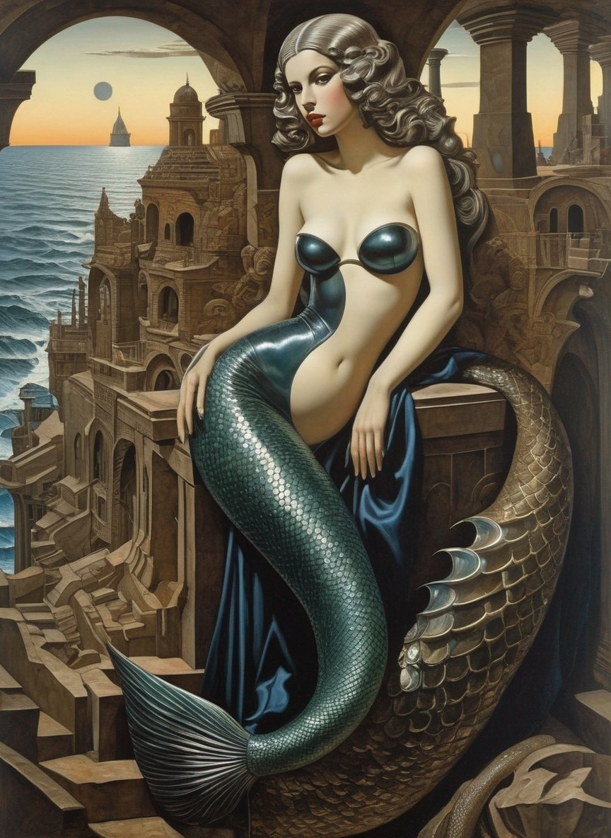 Mermaid with Dark Hair in Twilight Sky Against Classical Architecture