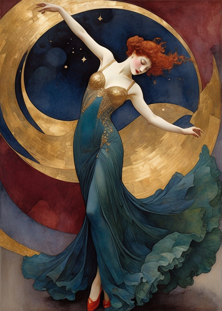 Art Nouveau Style Illustration of Red-Haired Woman in Teal Gown