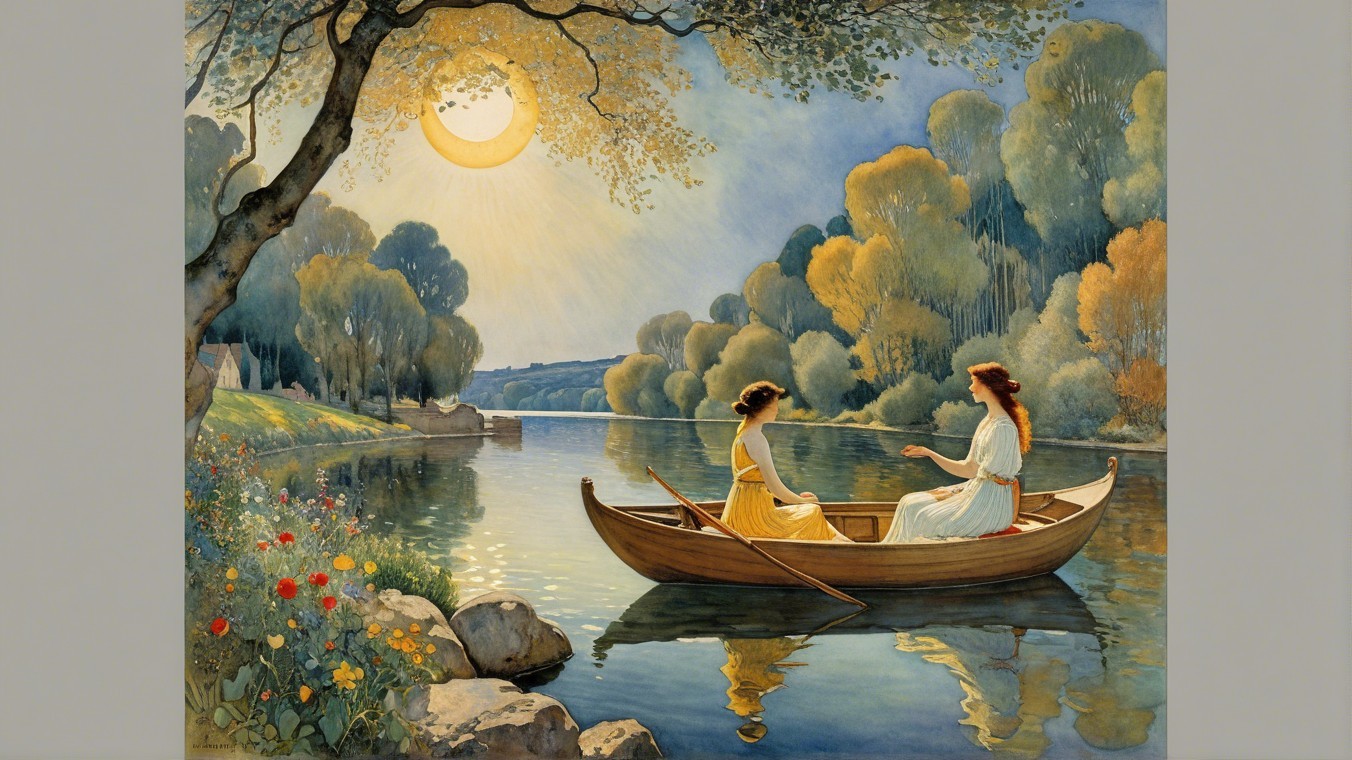 Women in a boat on a serene river with trees