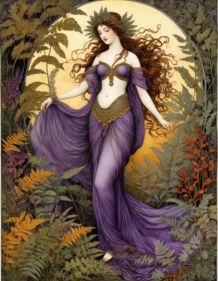 Art Nouveau Woman in Purple Garments with Ferns