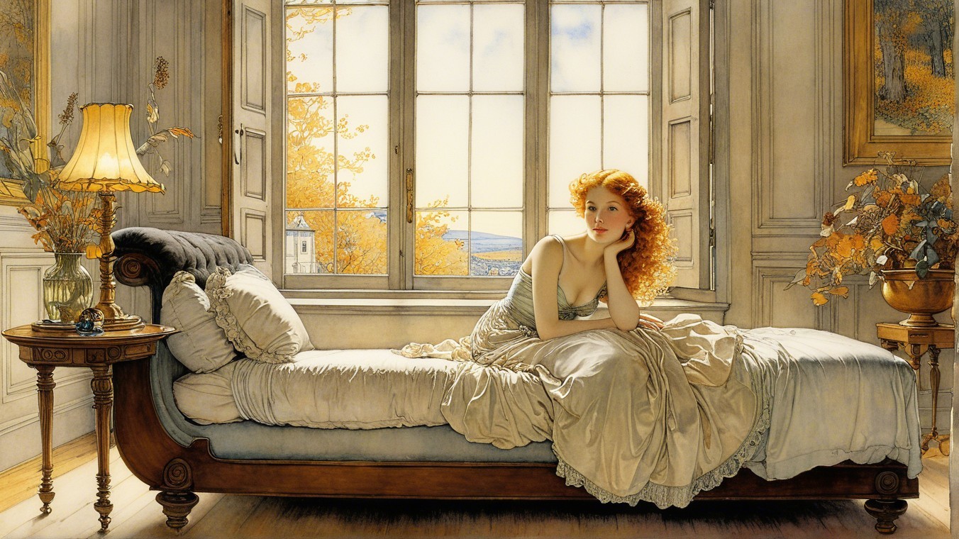 Young Woman in Vintage Lounge Surrounded by Autumn Foliage