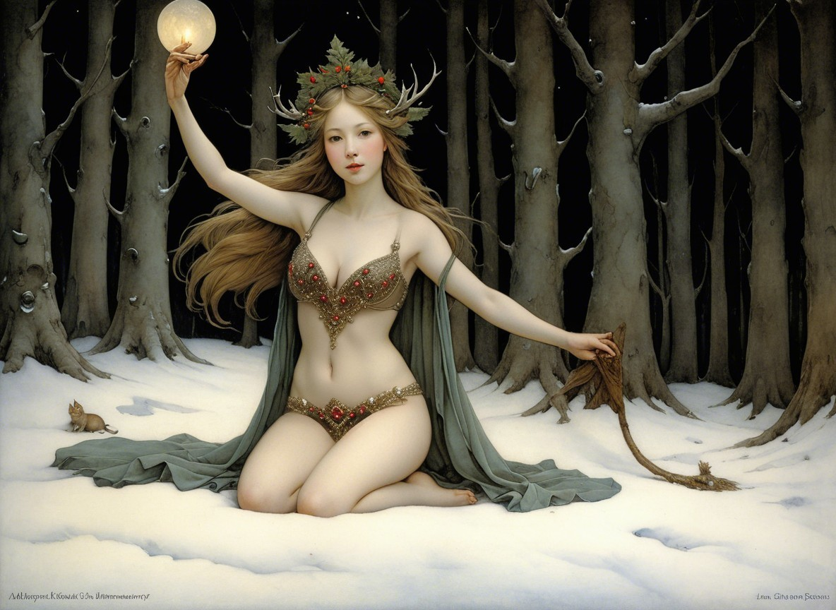 Mystical Woman in Snowy Forest with Glowing Orb