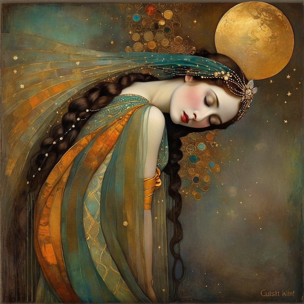 Serene Woman in Teal and Gold Under Luminous Moon