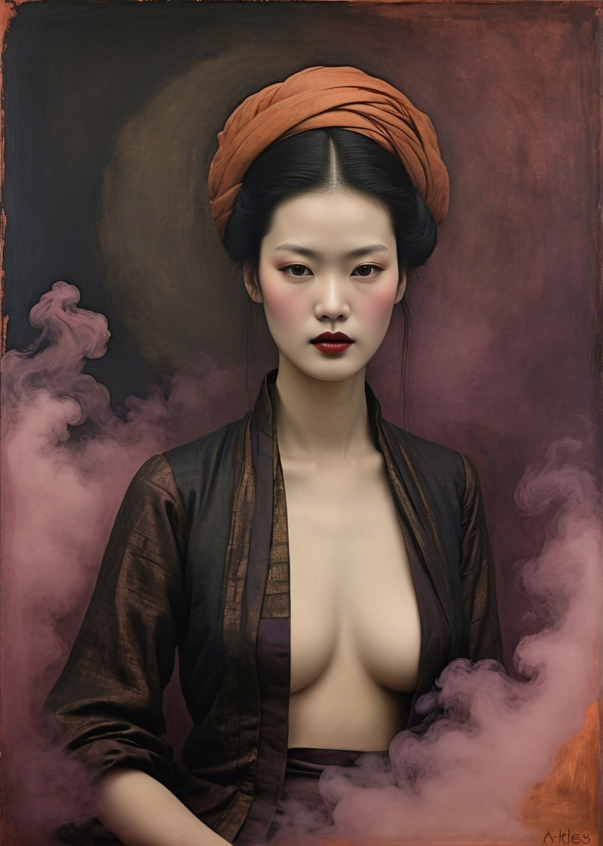 Elegant Woman in Dark Robe Surrounded by Smoke
