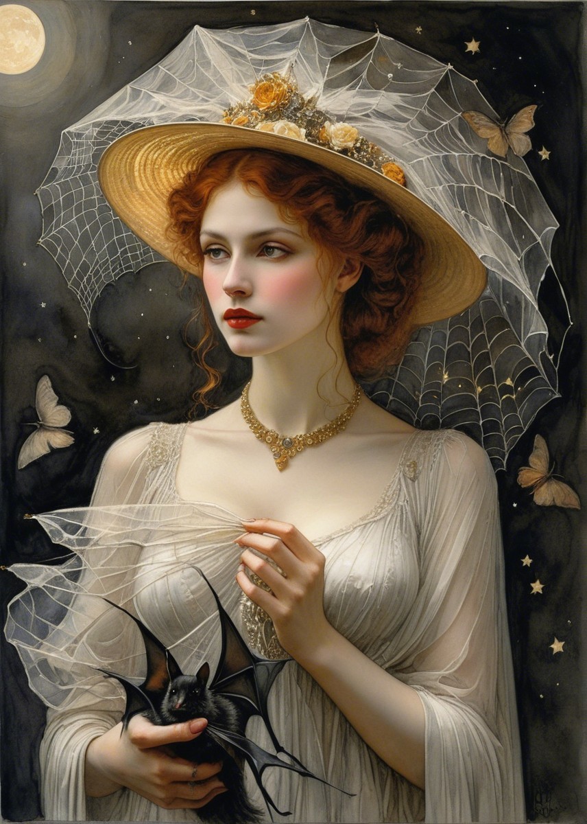 Mysterious Woman in White Dress with Moonlit Backdrop
